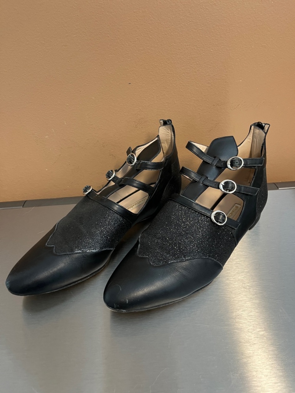 Stefano Maroni Black Pointed Triple-Strap Italian Leather Flats